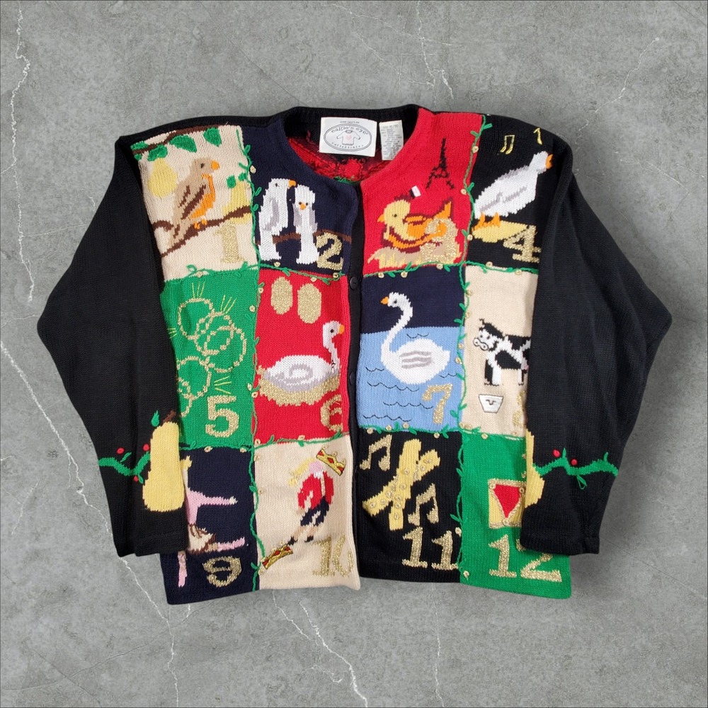 Eagle's Eye 12 Days of Christmas Cardigan Womens XL Multi Patchwork Vintage 90s